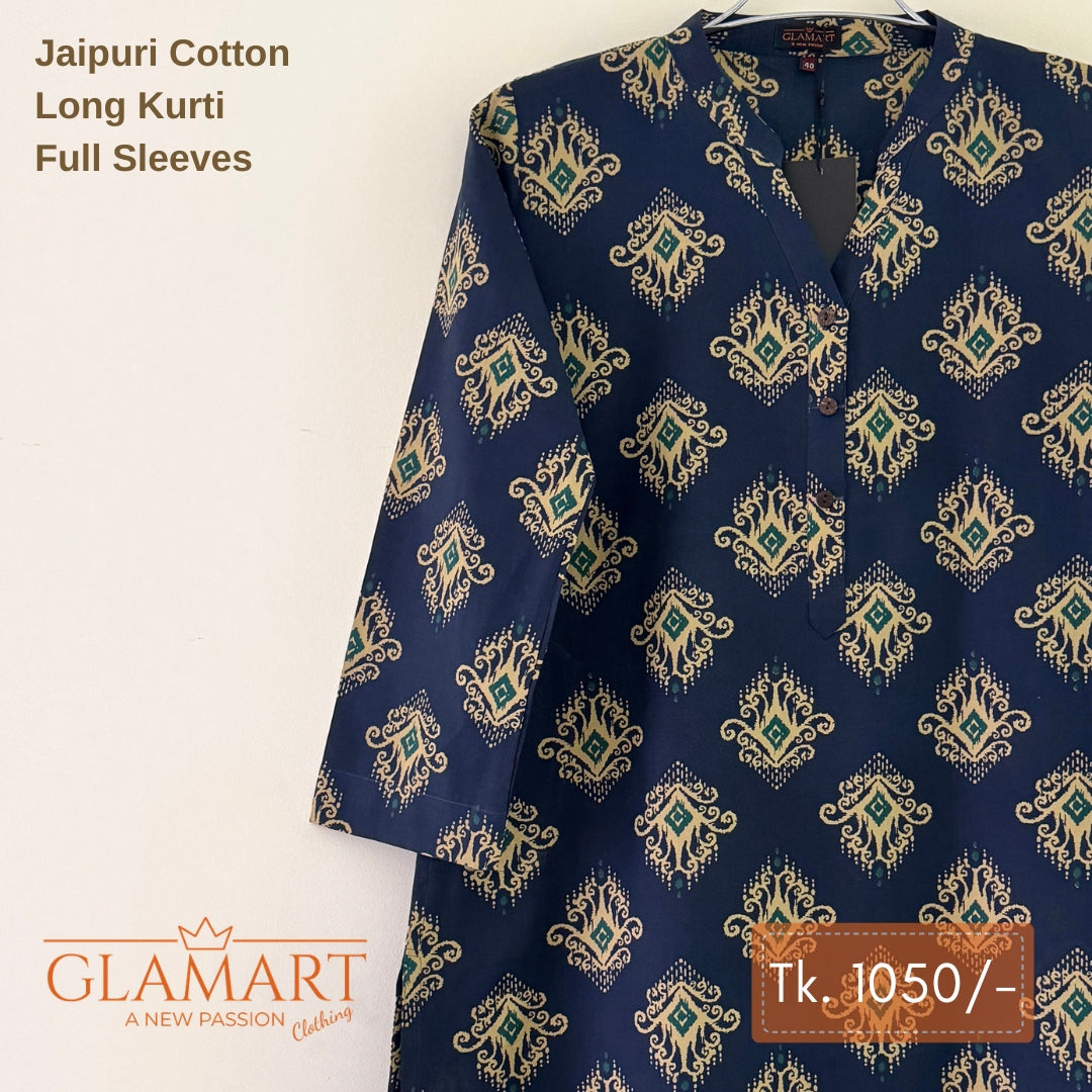 Jaipuri Cotton Long Kurti - Navy Blue & Sea Green Ethnic Motif Print