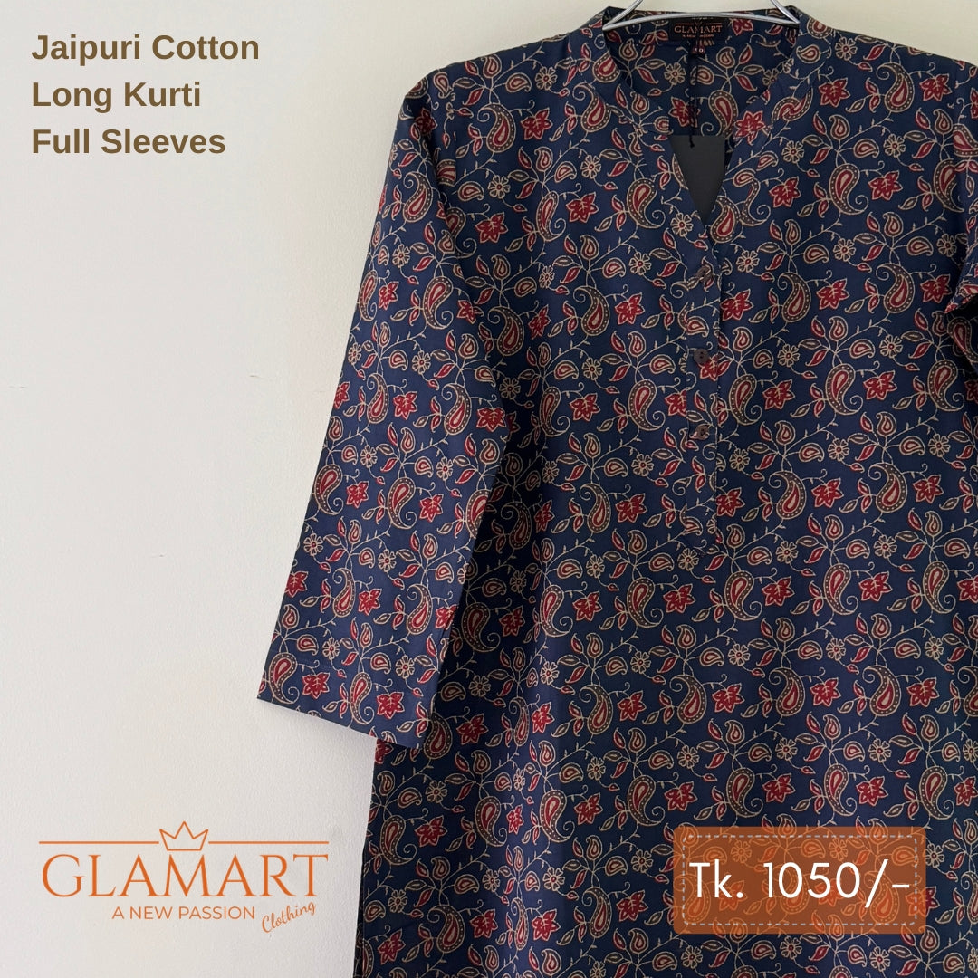 Jaipuri Cotton Long Kurti - Navy Blue & Maroon Paisley Ethnic Print