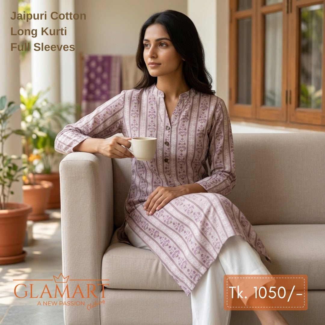 Jaipuri Cotton Long Kurti - Dusty Mauve Floral Stripe Print
