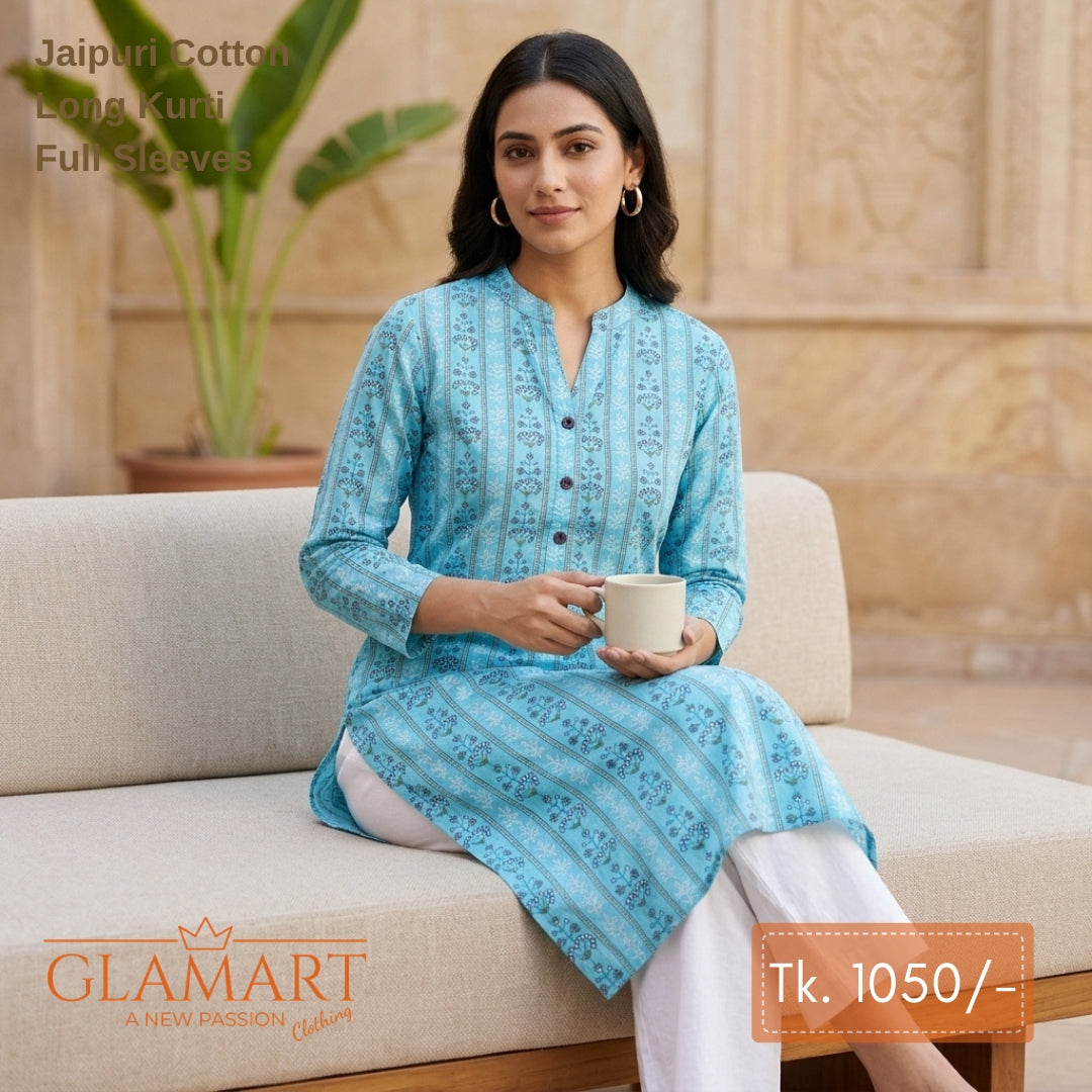 Jaipuri Cotton Long Kurti - Sky Blue Vertical Floral Stripe Print