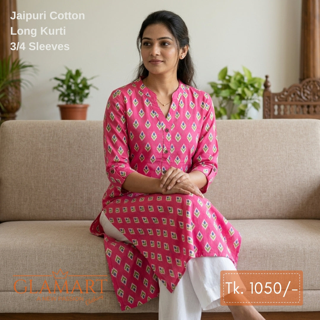Jaipuri Cotton Long Kurti - Deep Magenta Pink Ikat Motif