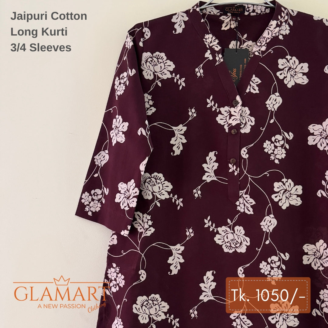 Jaipuri Cotton Long Kurti - Dark Burgundy & White Floral Print