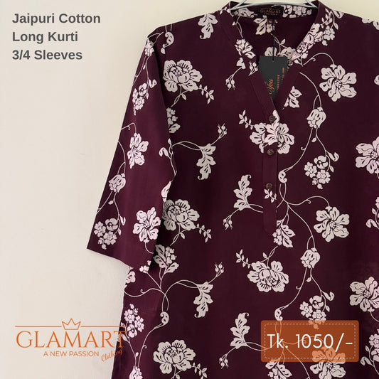 Jaipuri Cotton Long Kurti - Dark Burgundy & White Floral Print