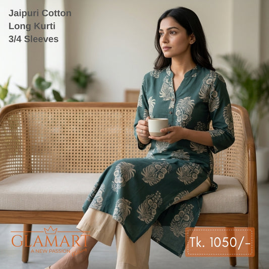Jaipuri Cotton Long Kurti - Dark Muted Green & Cream Floral Print
