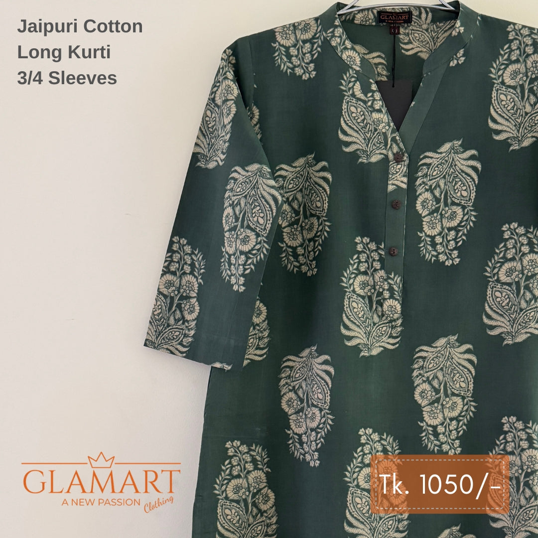 Jaipuri Cotton Long Kurti - Dark Muted Green & Cream Floral Print