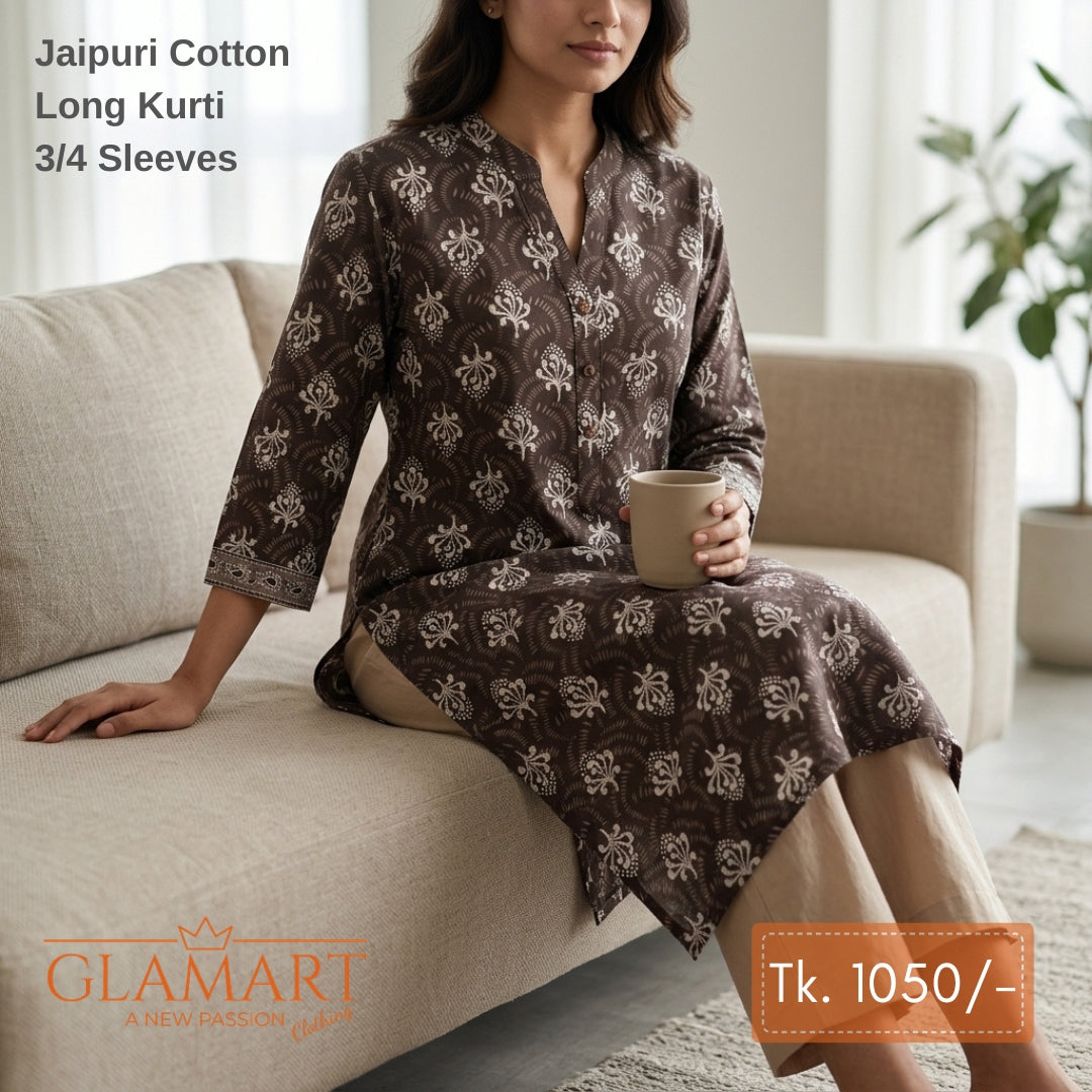 Jaipuri Cotton Long Kurti - Dark Chocolate Brown & Cream Floral Print