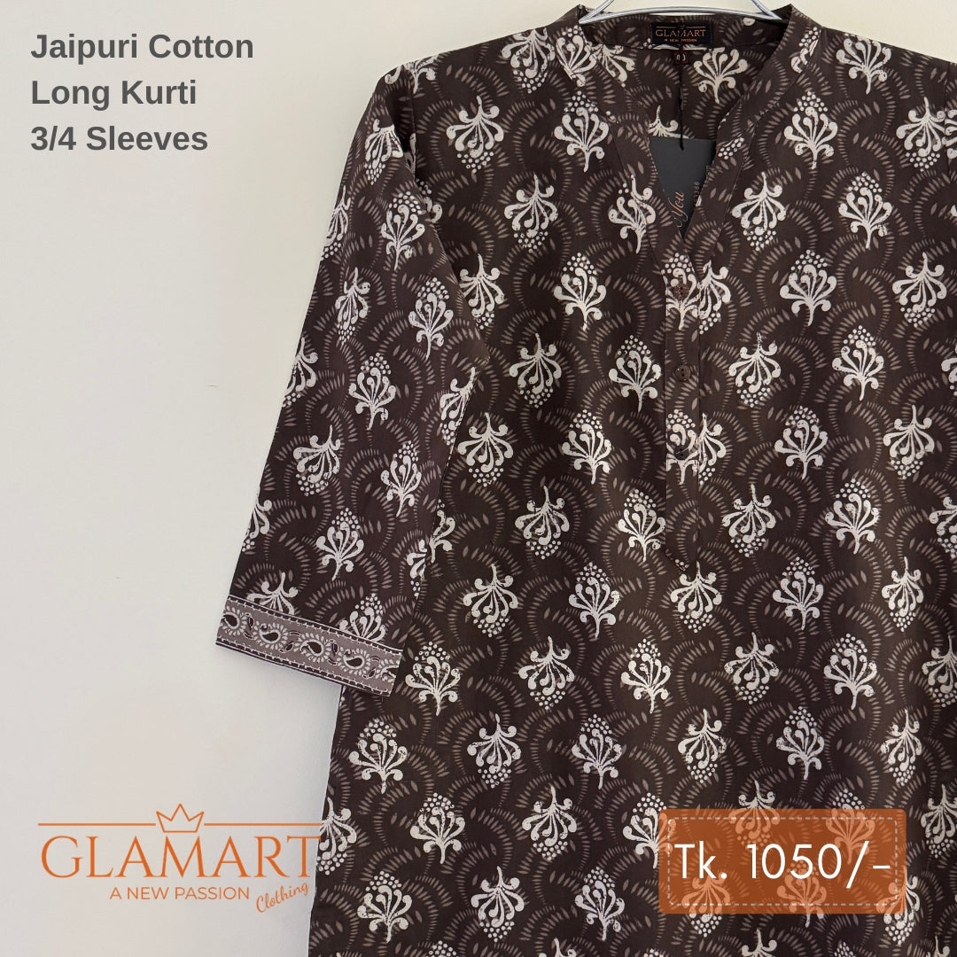 Jaipuri Cotton Long Kurti - Dark Chocolate Brown & Cream Floral Print