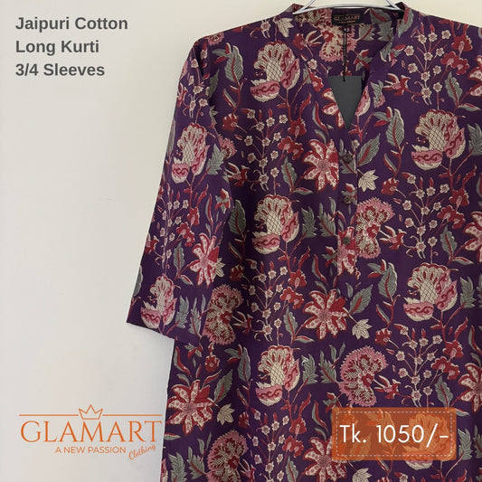 Jaipuri Cotton Long Kurti - Deep Plum & Multi-Color Floral Print