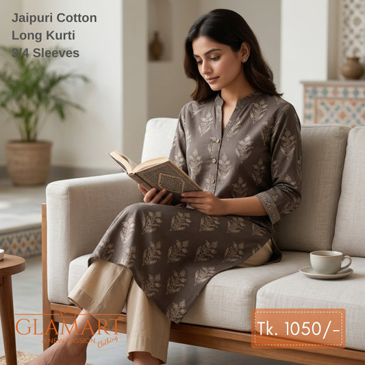 Jaipuri Cotton Long Kurti - Dark Chocolate Brown & Cream Botanical Print