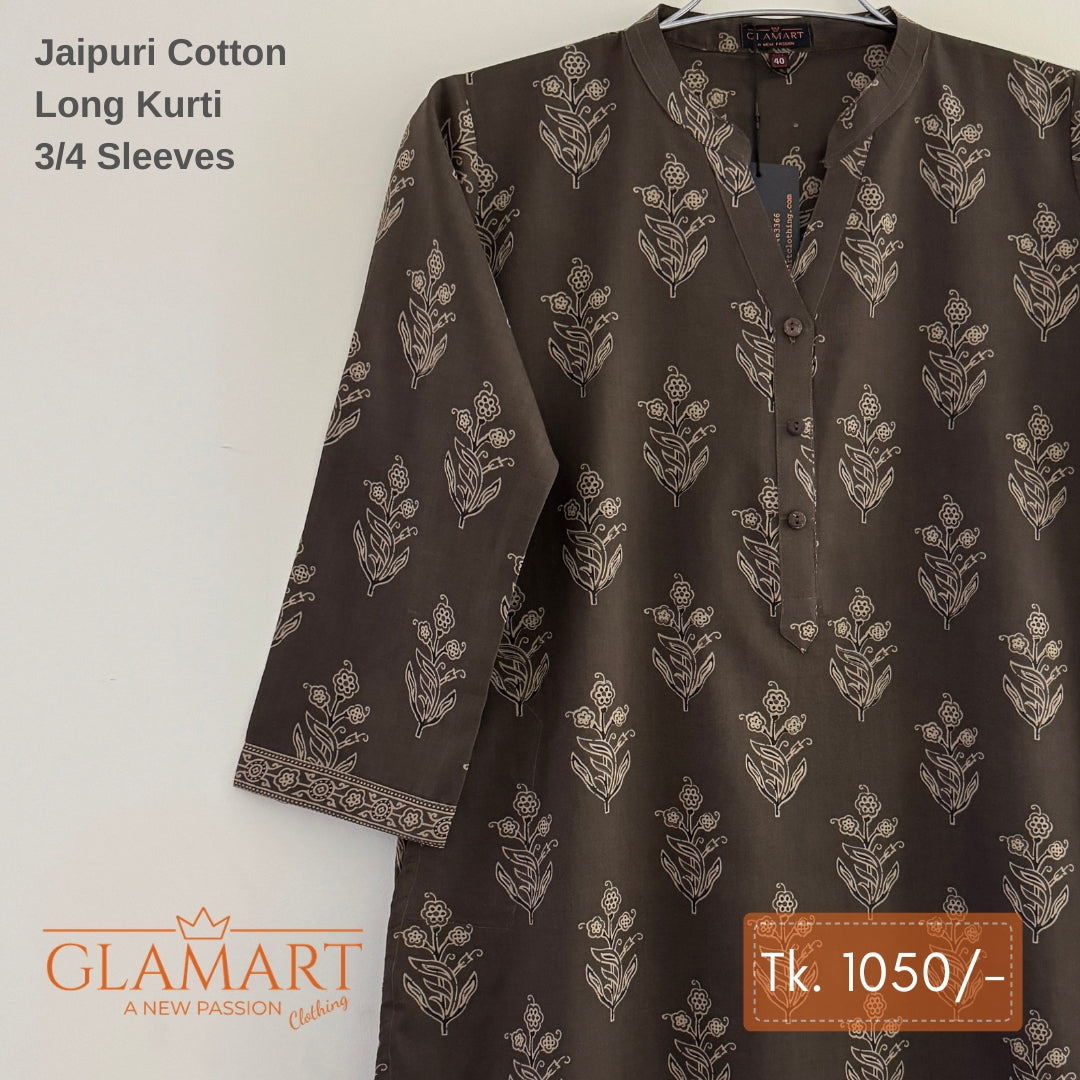 Jaipuri Cotton Long Kurti - Dark Chocolate Brown & Cream Botanical Print