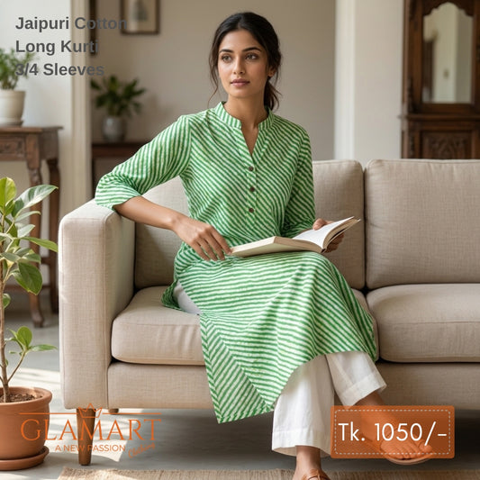 Jaipuri Cotton Long Kurti - Leaf Green & White Striped Print
