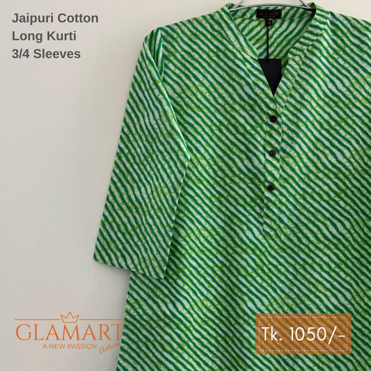 Jaipuri Cotton Long Kurti - Leaf Green & White Striped Print
