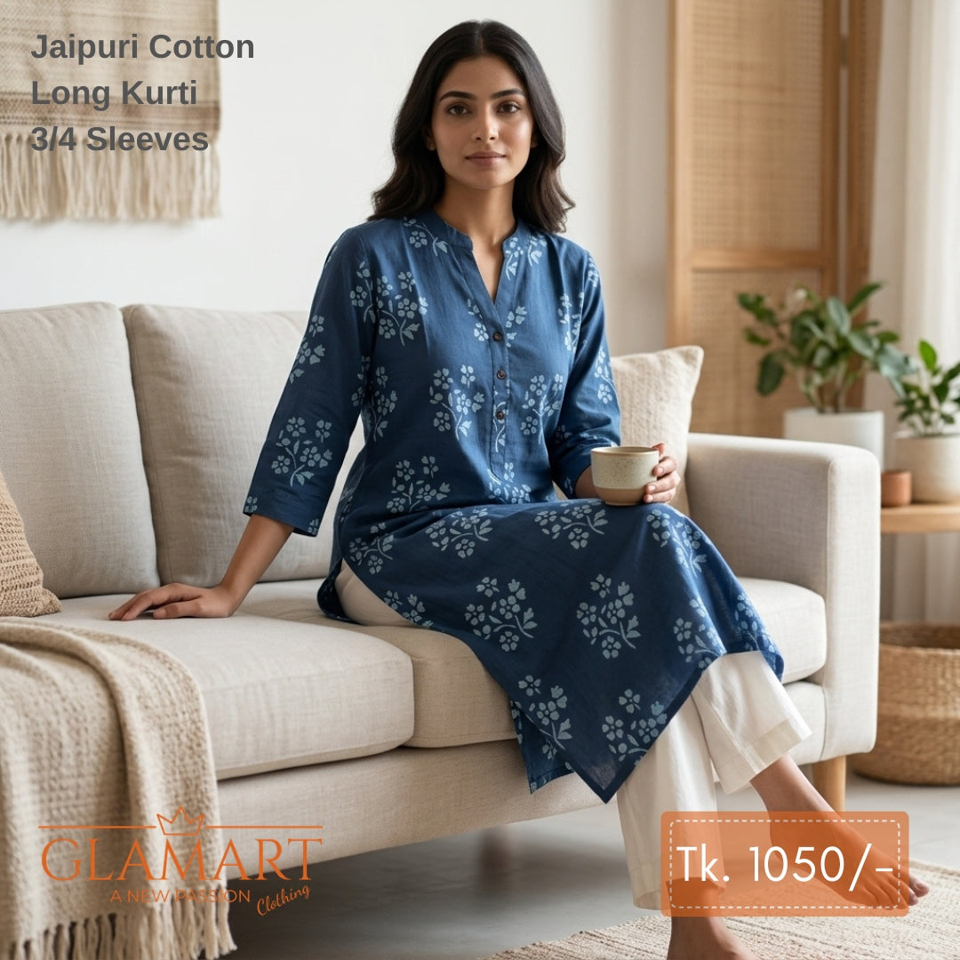 Jaipuri Cotton Long Kurti - Denim Blue Floral Print