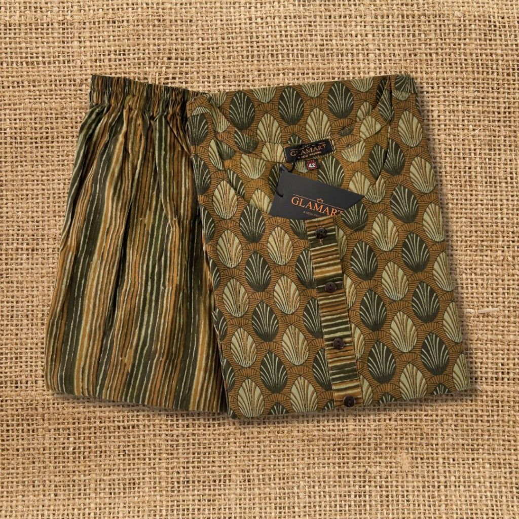 Golden Brown Foliage Printed Straight Cotton Co-Ords