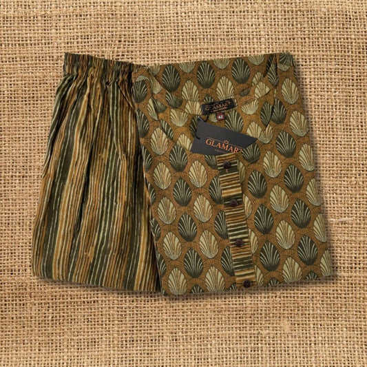 Golden Brown Foliage Printed Straight Cotton Co-Ords