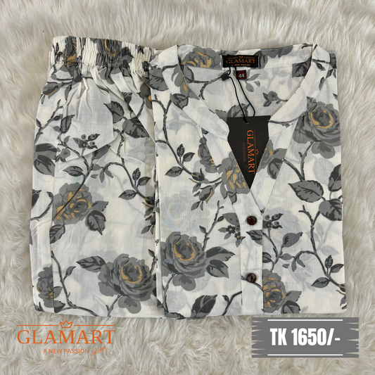 White Grey Floral Printed Straight Cotton Co-Ords