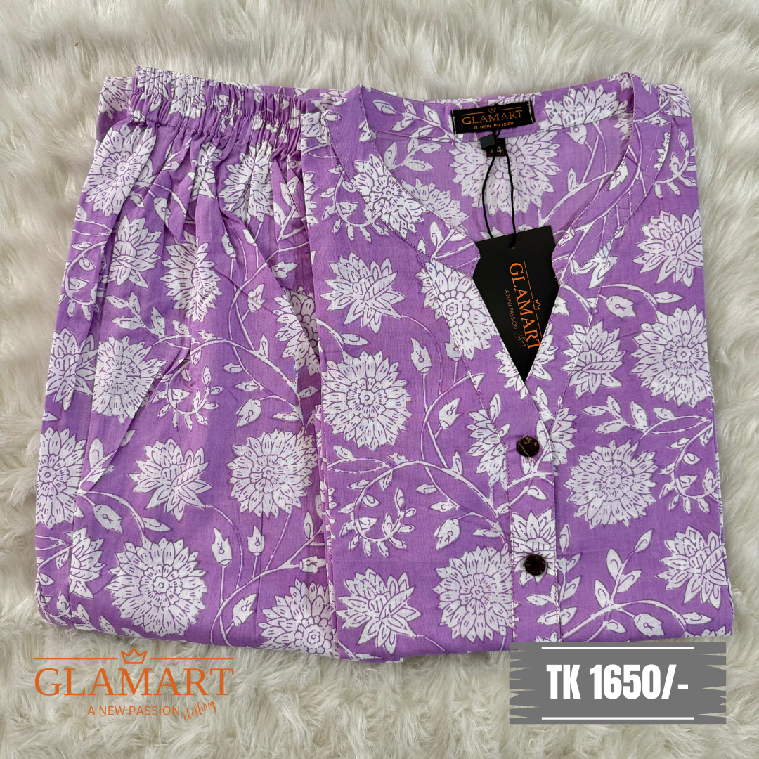 Purple Floral Printed Straight Cotton Co-Ords