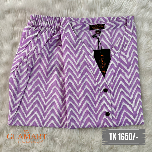 Purple Zigzag Printed Straight Cotton Co-Ords