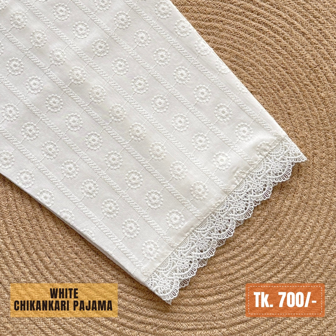 Chikankari Cotton Pajama – White | PJ-0009