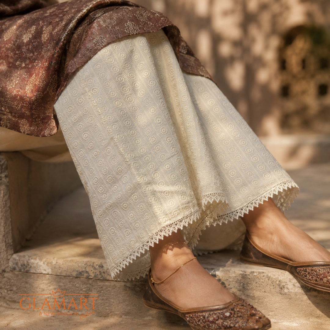 Chikankari Cotton Palazzo – Cream Off-white | PZ-0001
