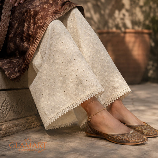 Chikankari Cotton Palazzo – Cream Off-white | PZ-0002