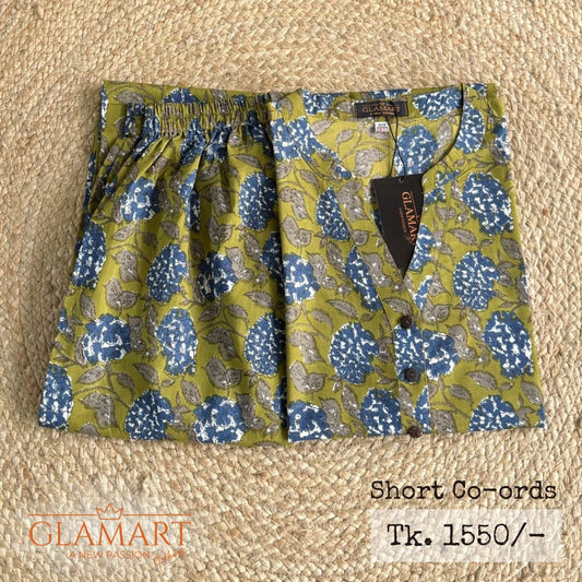 Jaipuri Cotton Short Kurti Co-ord Set – Olive Green & Prussian Blue Floral