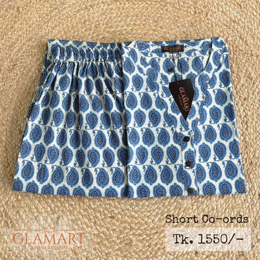 Jaipuri Cotton Short Kurti Co-ord Set – White & Blue Paisley Print