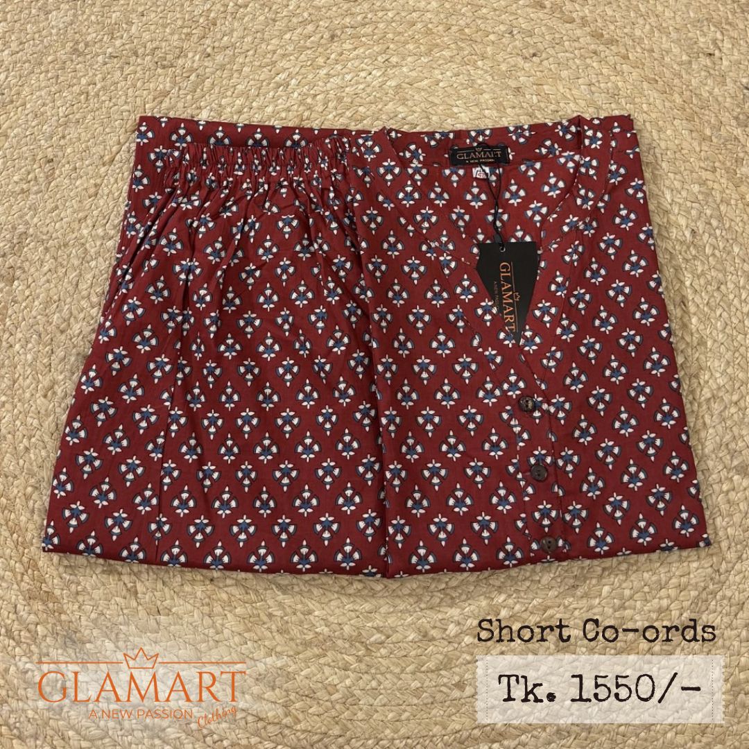 Jaipuri Cotton Short Kurti Co-ord Set – Maroon Geometric Ethnic Print