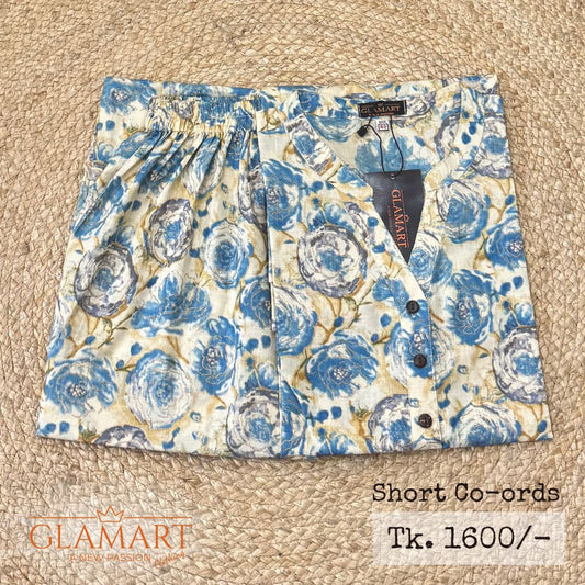 Jaipuri Cotton Short Kurti Co-ord Set – Sky Blue & Cream Rose Print