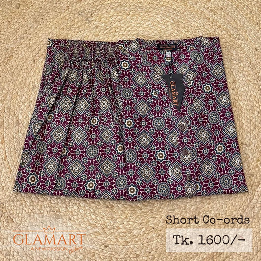 Jaipuri Cotton Short Kurti Co-ord Set – Burgundy Geometric Print