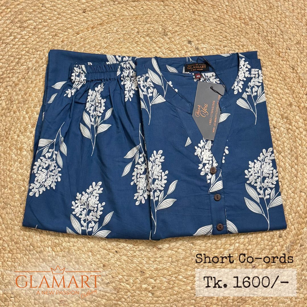 Jaipuri Cotton Short Kurti Co-ord Set – Blue & White Leafy Floral Print