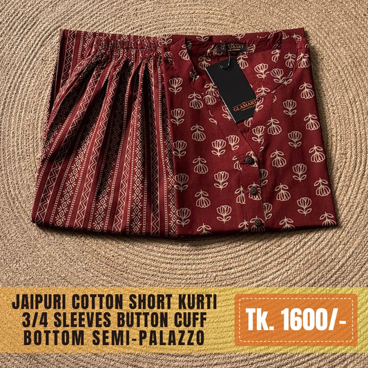 Jaipuri Cotton Short Kurti Co-ord Set – Maroon Small Floral Print