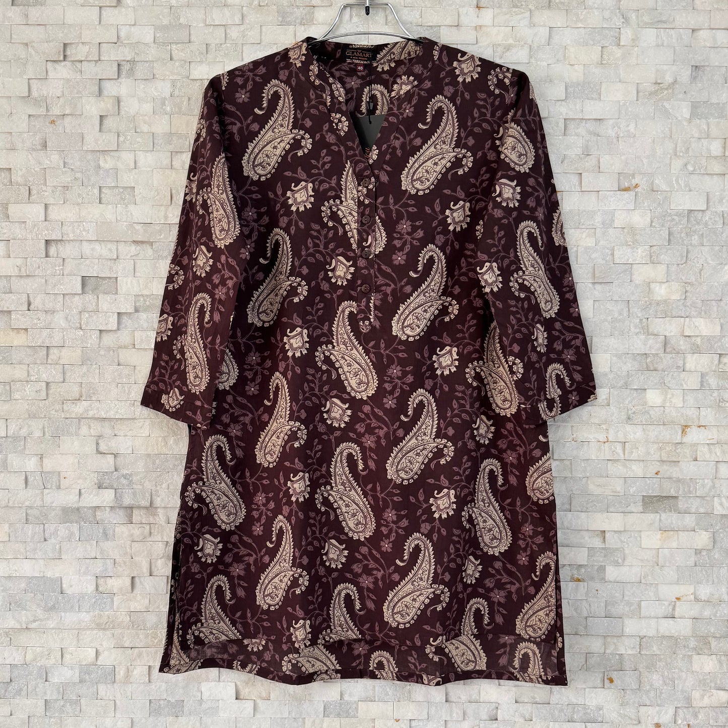 Jaipuri Cotton Short Kurti Co-ord Set – Deep Coffee Paisley & Floral Vine Print