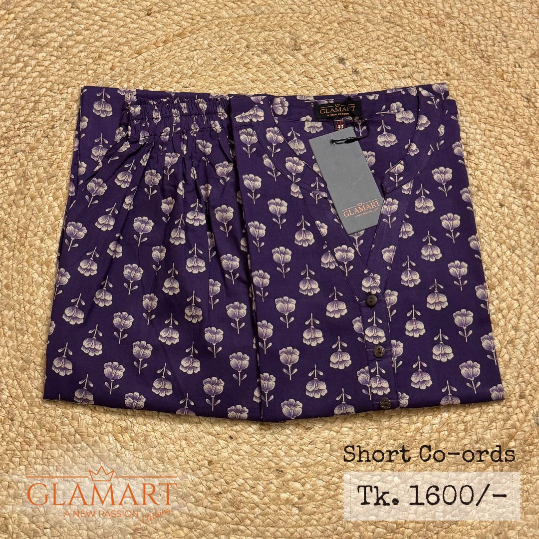 Jaipuri Cotton Short Kurti Co-ord Set – Deep Purple Small Floral Print