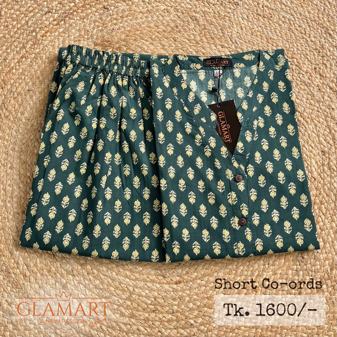 Jaipuri Cotton Short Kurti Co-ord Set – Forest Green Butti Print