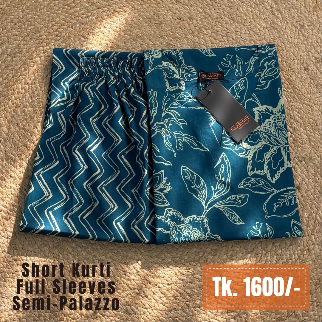 Jaipuri Cotton Short Kurti Co-ord Set – Teal Blue Floral Print