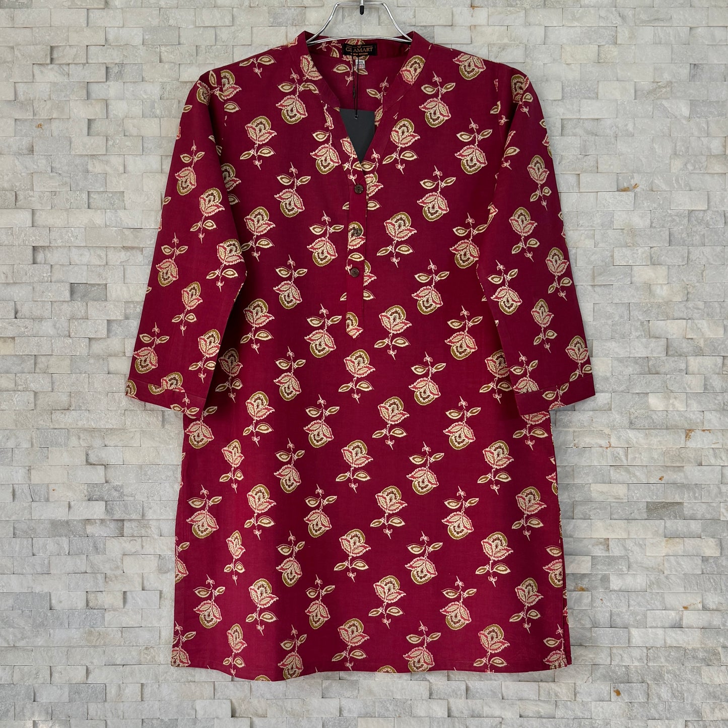 Jaipuri Cotton Short Kurti Co-ord Set – Deep Maroon with Beige Floral Print