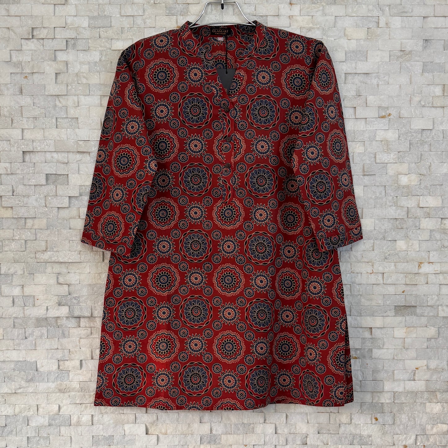 Jaipuri Cotton Short Kurti Co-ord Set – Rust Maroon with Indigo Mandala Print