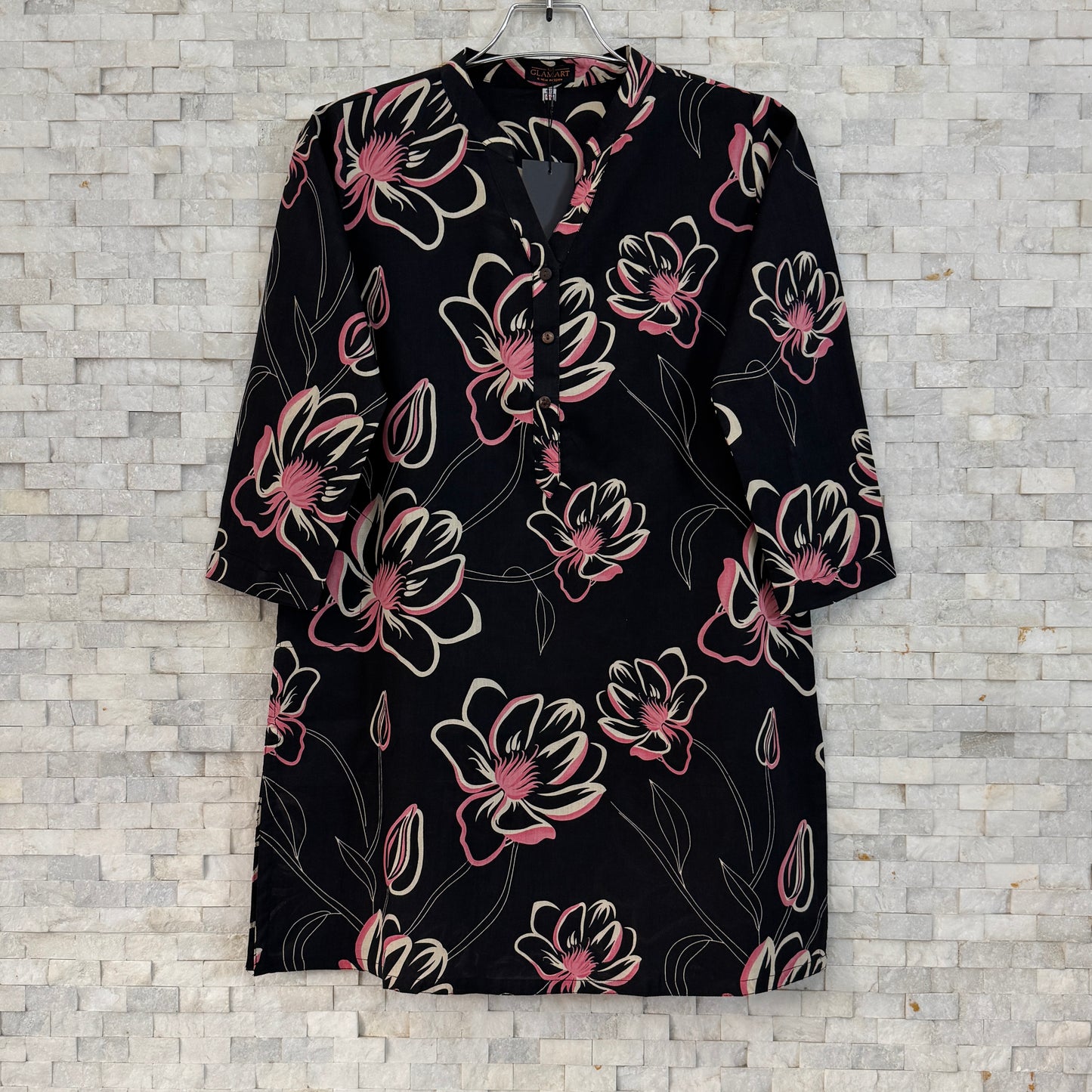 Jaipuri Cotton Short Kurti Co-ord Set – Jet Black with Pink Lily & Ikat Print