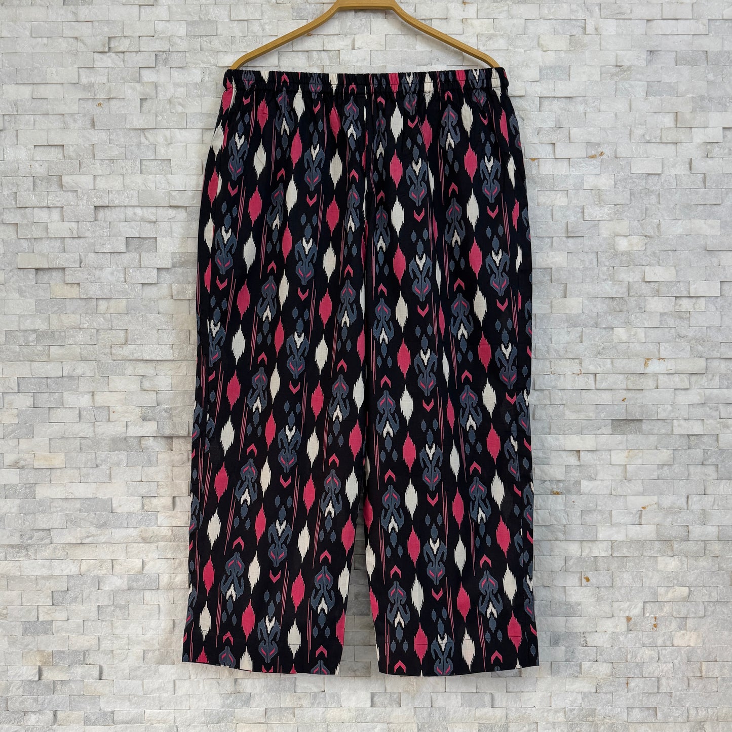 Jaipuri Cotton Short Kurti Co-ord Set – Jet Black with Pink Lily & Ikat Print