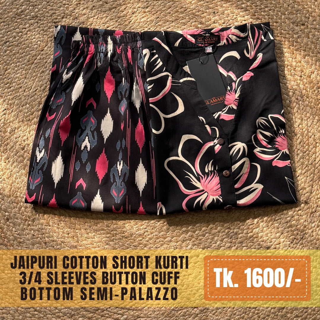 Jaipuri Cotton Short Kurti Co-ord Set – Jet Black with Pink Lily & Ikat Print