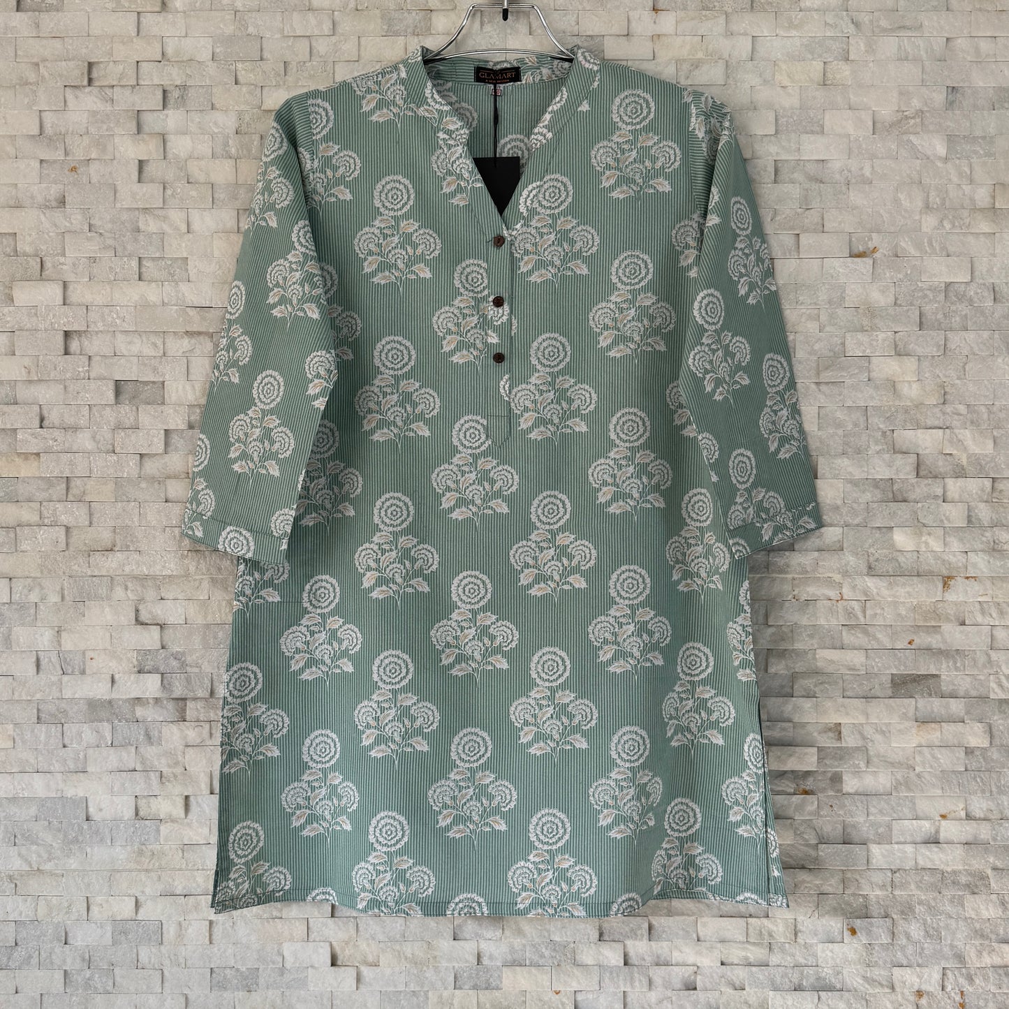 Jaipuri Cotton Short Kurti Co-ord Set – Pastel Sage Green with White Floral Print