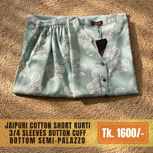Jaipuri Cotton Short Kurti Co-ord Set – Pastel Sage Green with White Floral Print