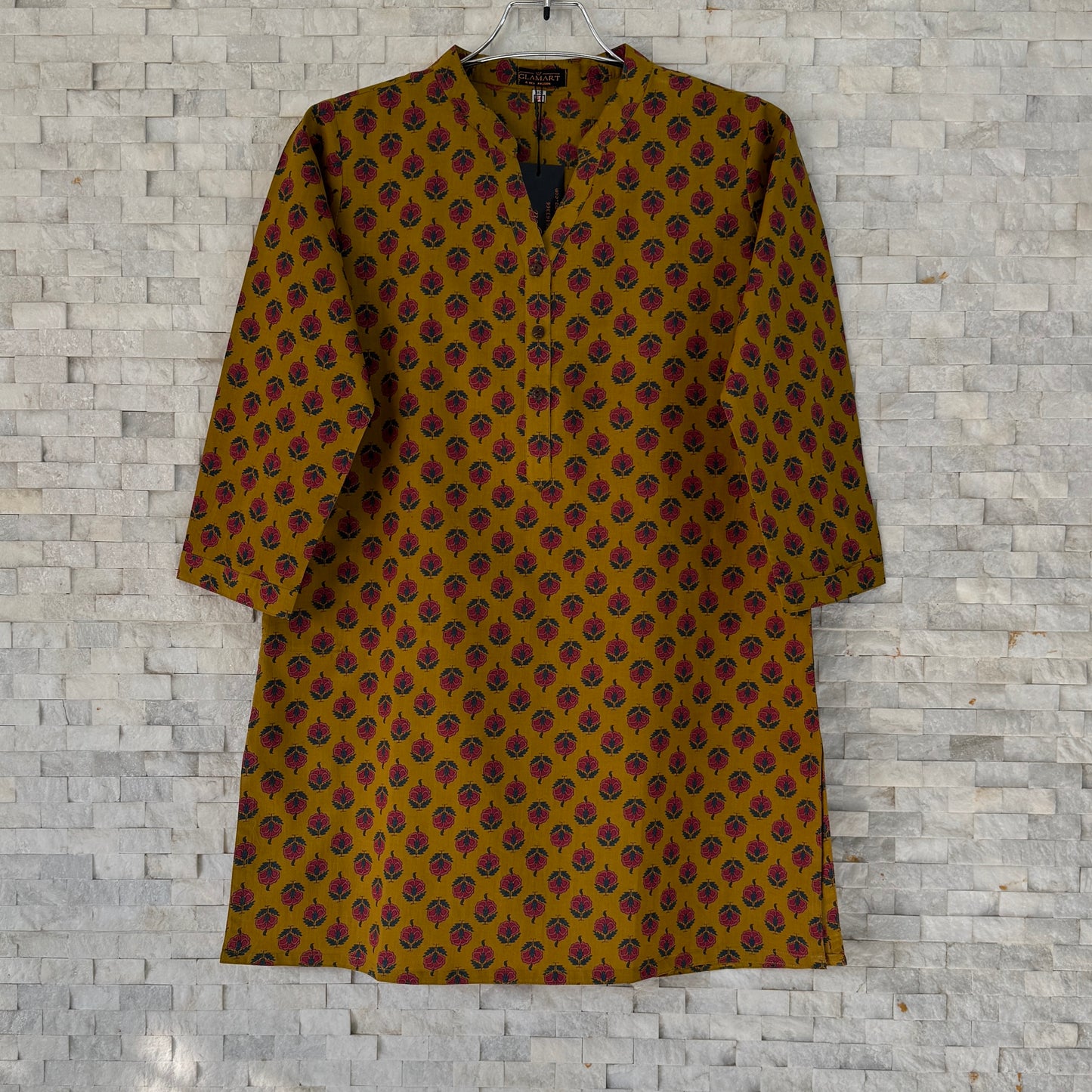 Jaipuri Cotton Short Kurti Co-ord Set – Mustard Brown with Pink Floral Print