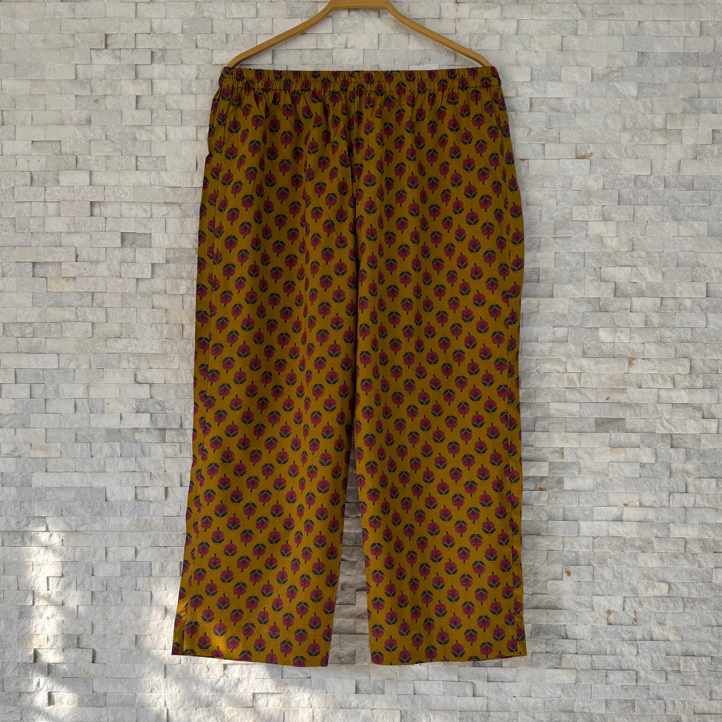 Jaipuri Cotton Short Kurti Co-ord Set – Mustard Brown with Pink Floral Print