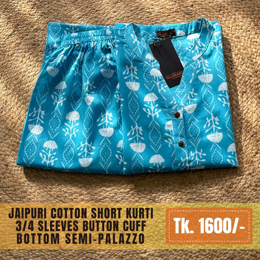 Jaipuri Cotton Short Kurti Co-ord Set – Sky Blue with White Botanical Print