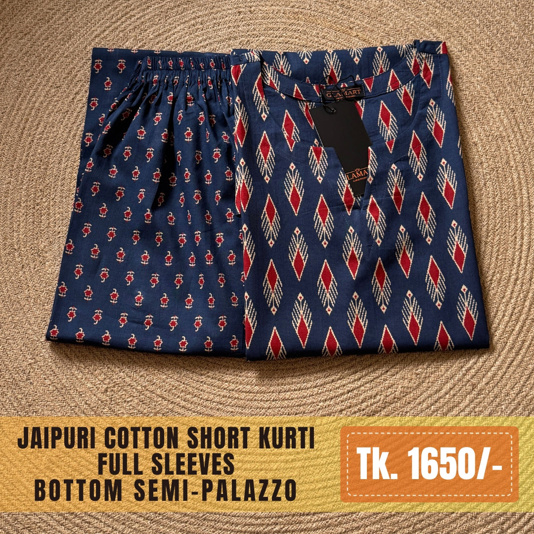 Jaipuri Cotton Co-Ord Set – Indigo Blue Diamond & Ikat Print
