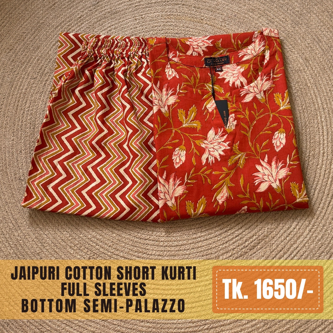 Jaipuri Cotton Co-Ord Set – Rust Red Floral & Zig-Zag Print