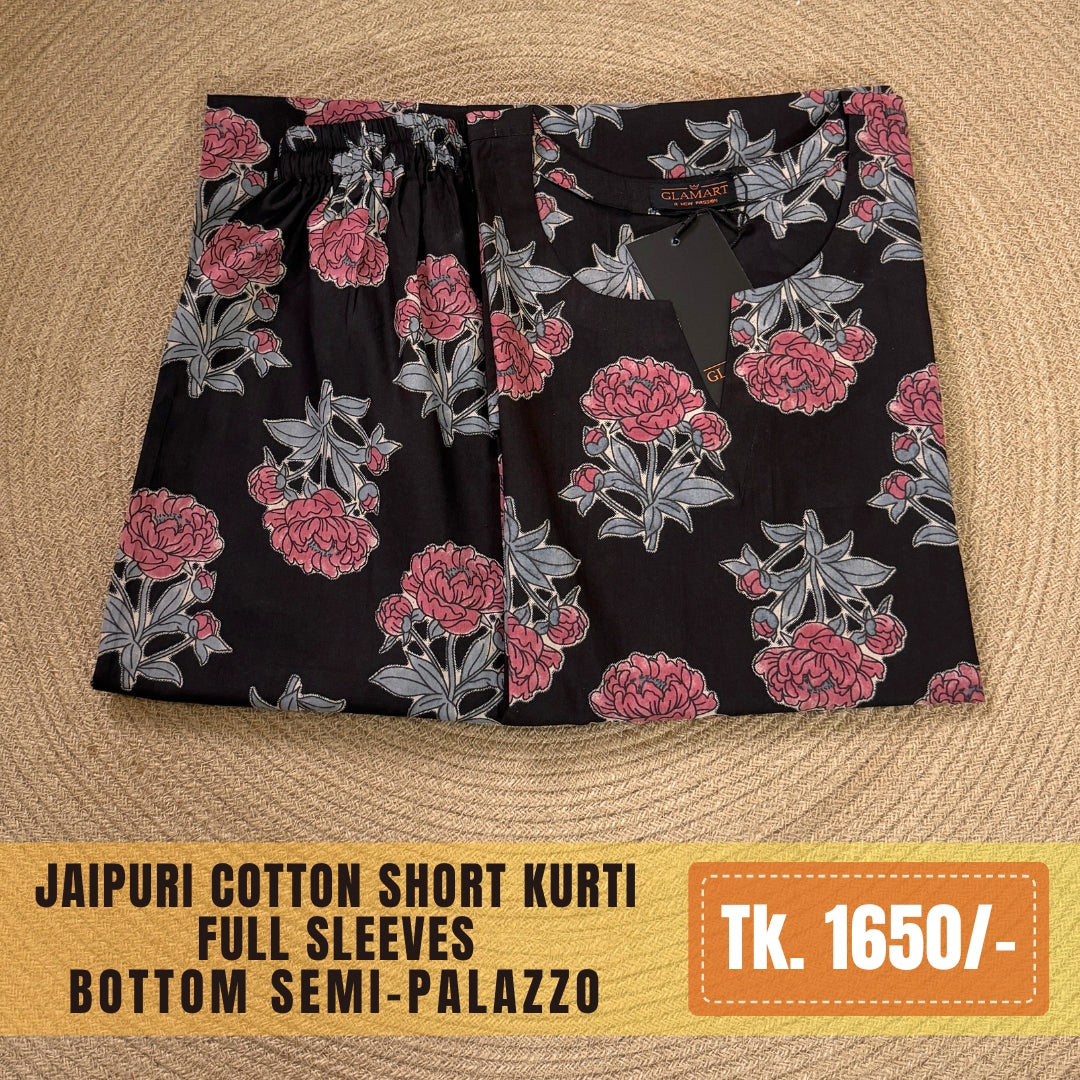 Jaipuri Cotton Co-Ord Set – Black & Pink Floral Print