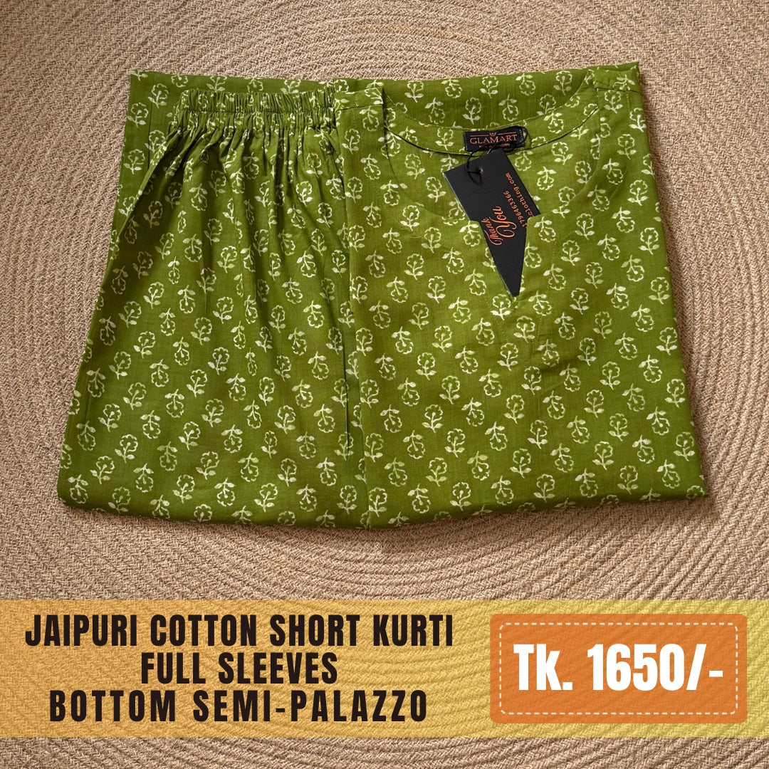 Jaipuri Cotton Co-Ord Set – Bright Leaf Green Floral Butti Print